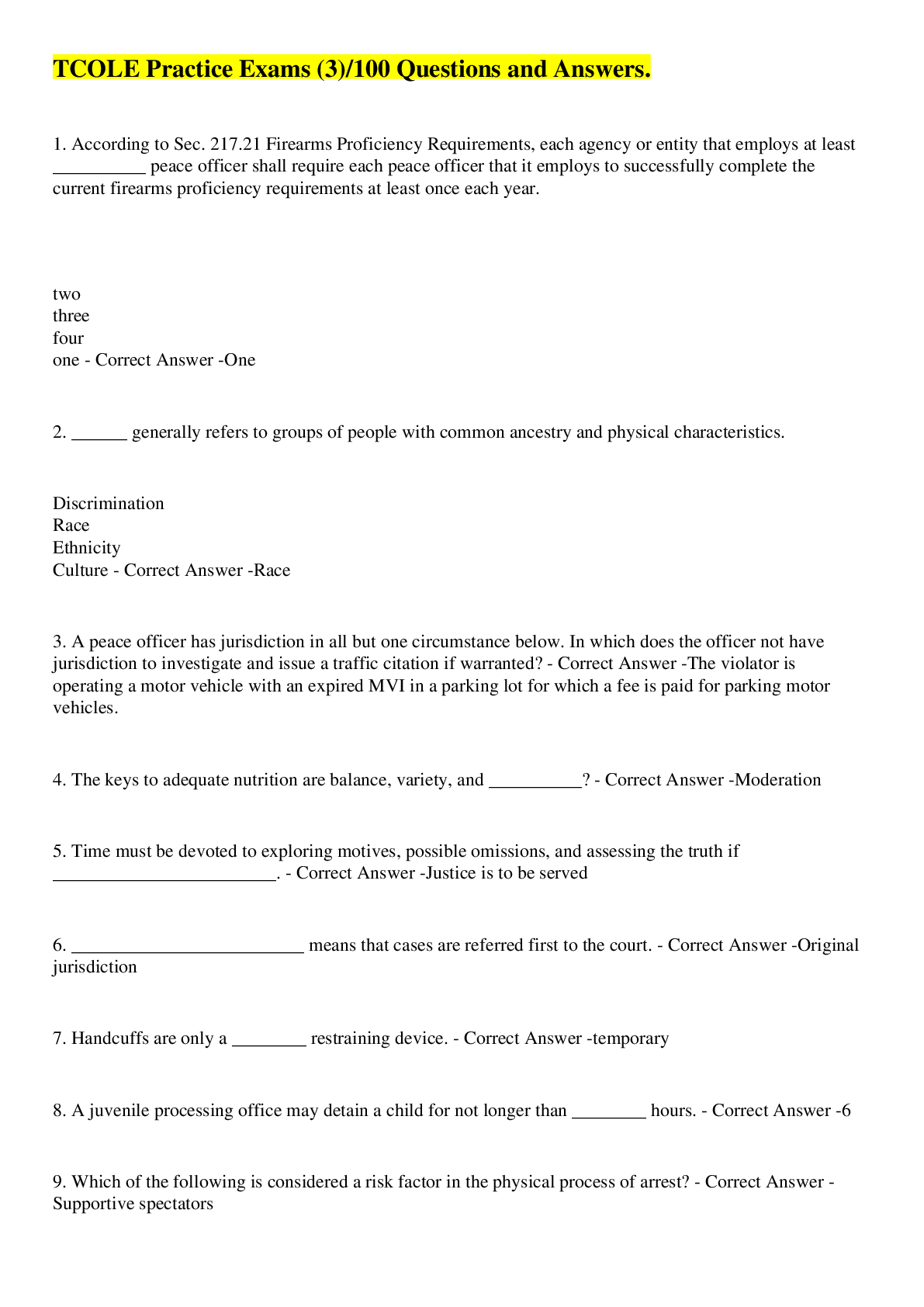 Preview image for TCOLE Practice Exams (3)/100 Questions and Answers.